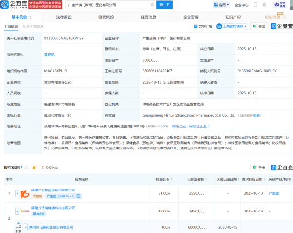 开yun体育网广生堂、片仔癀建造医药公司，注册成本5000万-开云(中国)Kaiyun·官方网站
